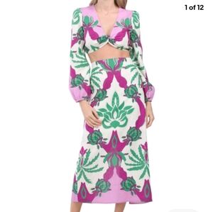 CAROLINE CONSTAS 2‎ PC Set Linen Blend Crop Top Midi Skirt  Size Small Designer